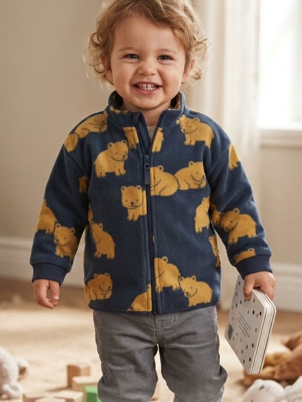 H&M Baby Boy Navy Fleece Jacket with Yellow Bear Print - size 2T - transitional
